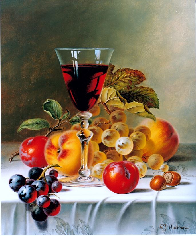 Roy Hodrien - Still Life with Red Wine and Fruit on a Tablecloth | MasterArt